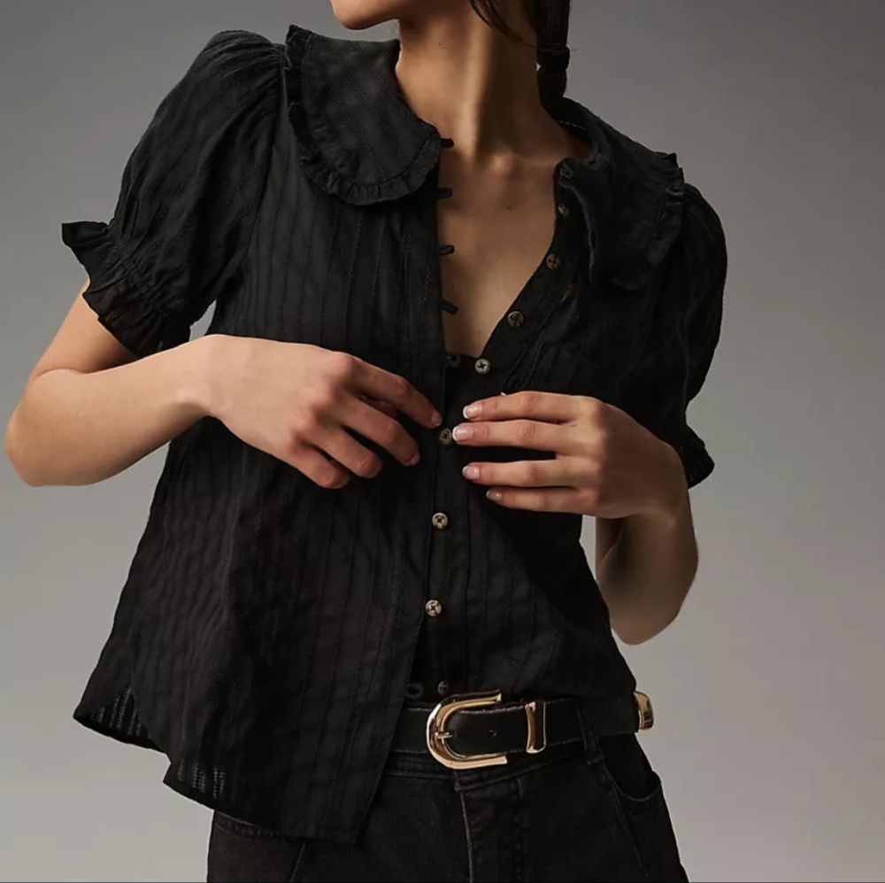 NWT Anthropologie Pilcro The Keira Black Button-Up Blouse with Ruffled Collar